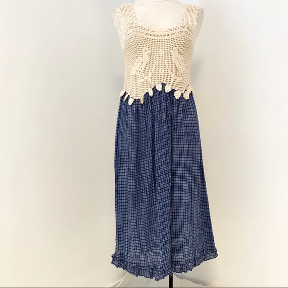 Vintage 70s Boho Crochet Top Print Midi Dress - Picture 11 of 11